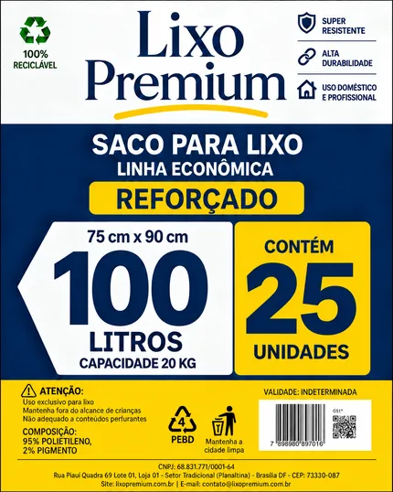 Saco de lixo 100 litros Econômica, pacote com 25 unidades