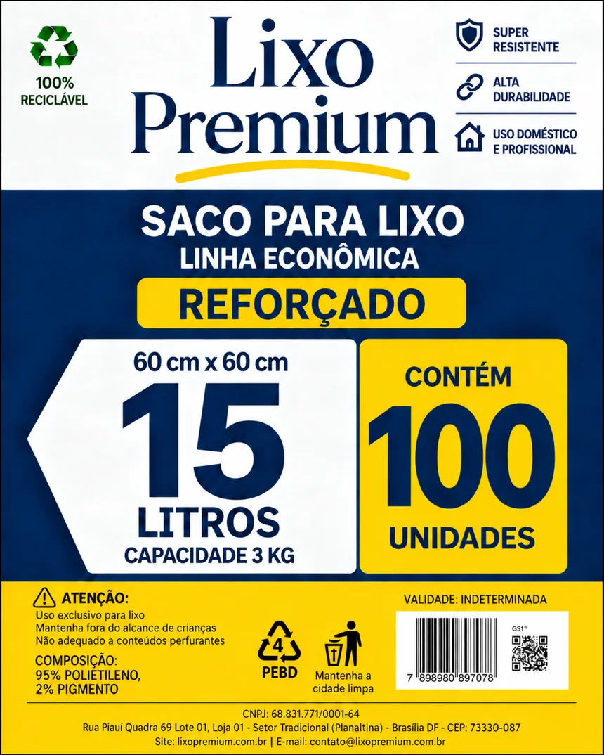 Embalagem do saco de lixo Lixo Premium 15 litros, linha Econômica, pacote com 100 unidades