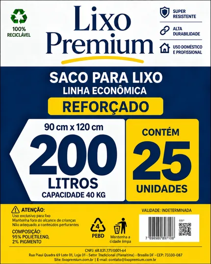 Saco de lixo 200 litros Econômica, pacote com 25 unidades