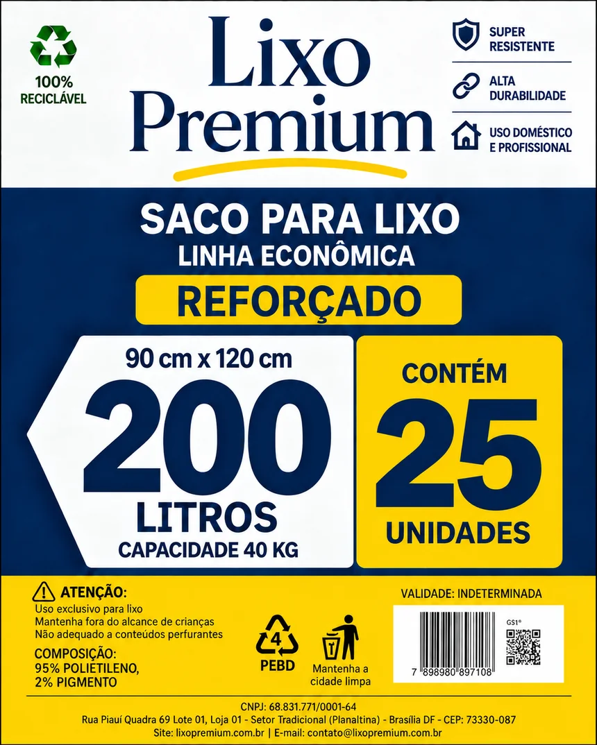 Embalagem do saco de lixo Lixo Premium 200 litros, linha Econômica, pacote com 25 unidades