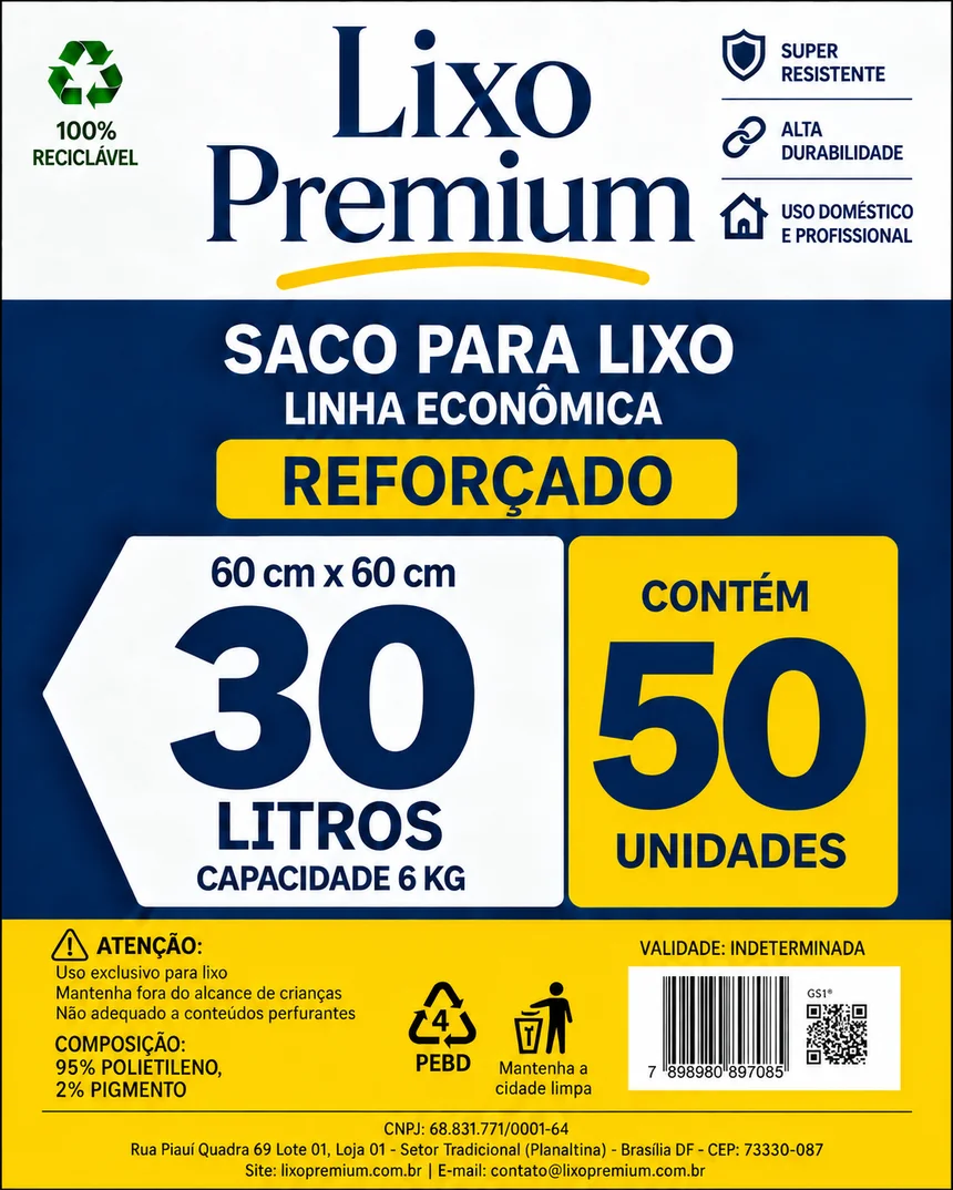 Embalagem do saco de lixo Lixo Premium 30 litros, linha Econômica, pacote com 50 unidades