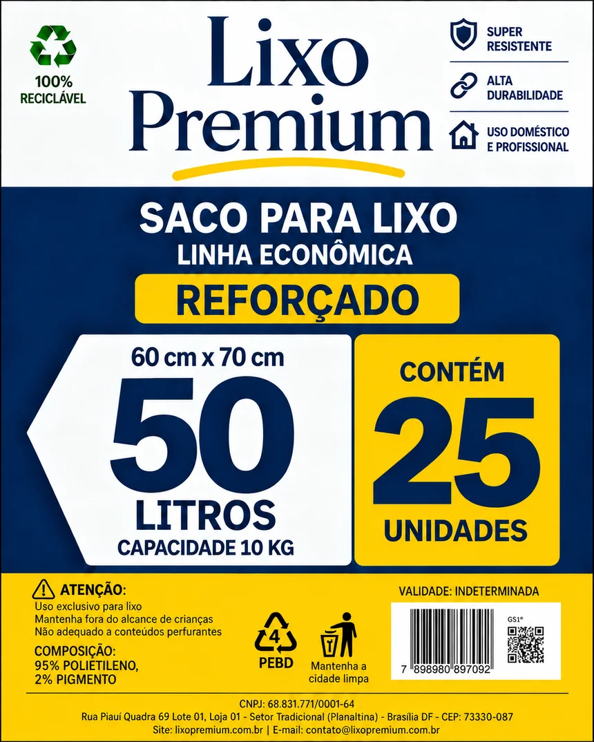 Embalagem do saco de lixo Lixo Premium 50 litros, linha Econômica, pacote com 25 unidades