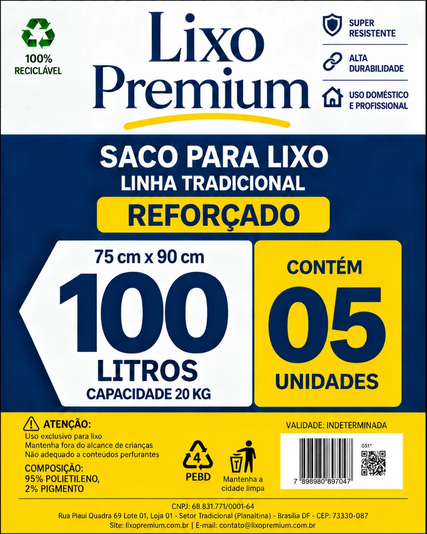Embalagem do saco de lixo Lixo Premium 100 litros, linha Tradicional, pacote com 5 unidades