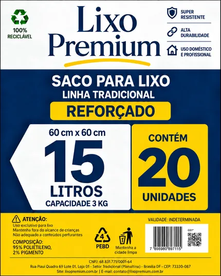Saco de lixo 15 litros Tradicional, pacote com 20 unidades
