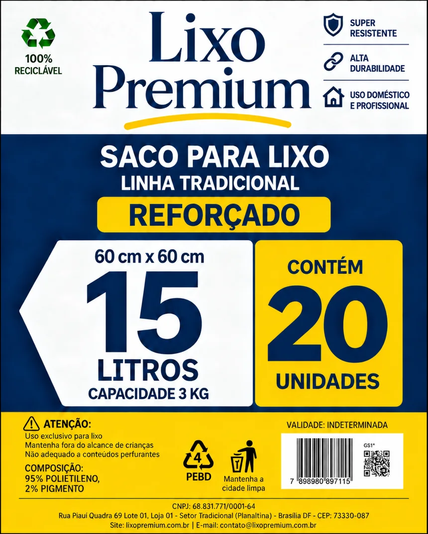 Embalagem do saco de lixo Lixo Premium 15 litros, linha Tradicional, pacote com 20 unidades