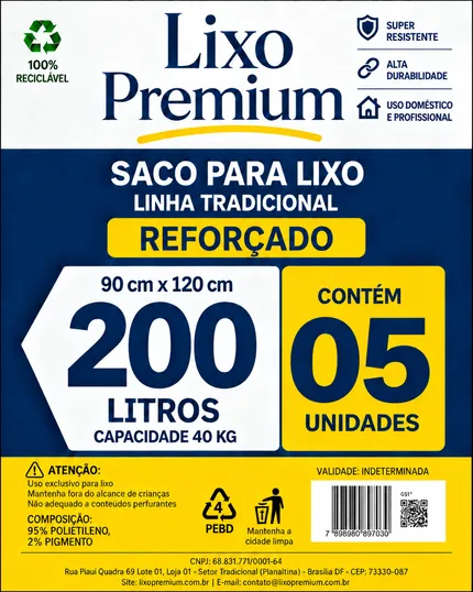 Saco de lixo 200 litros Tradicional, pacote com 5 unidades