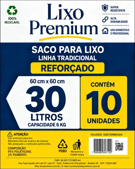 Saco de lixo 30 litros Tradicional, pacote com 10 unidades