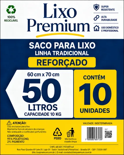 Saco de lixo 50 litros Tradicional, pacote com 10 unidades